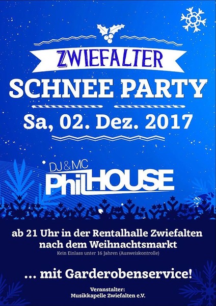 Party Flyer: Zwiefalter Schneeparty am 02.12.2017 in Zwiefalten